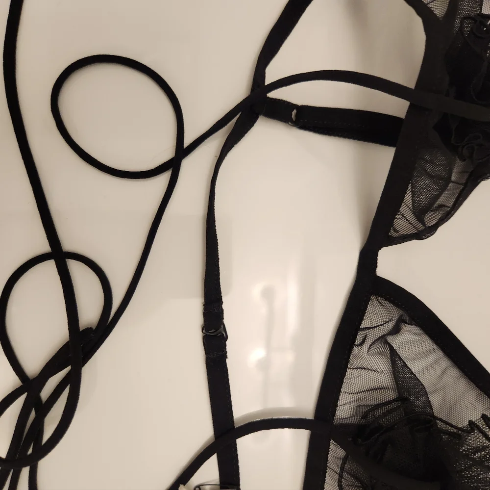 Nensi Dojaka Floral Appliqué Sheer Tulle Triangle Bra in Black at - Picture 6 of 6